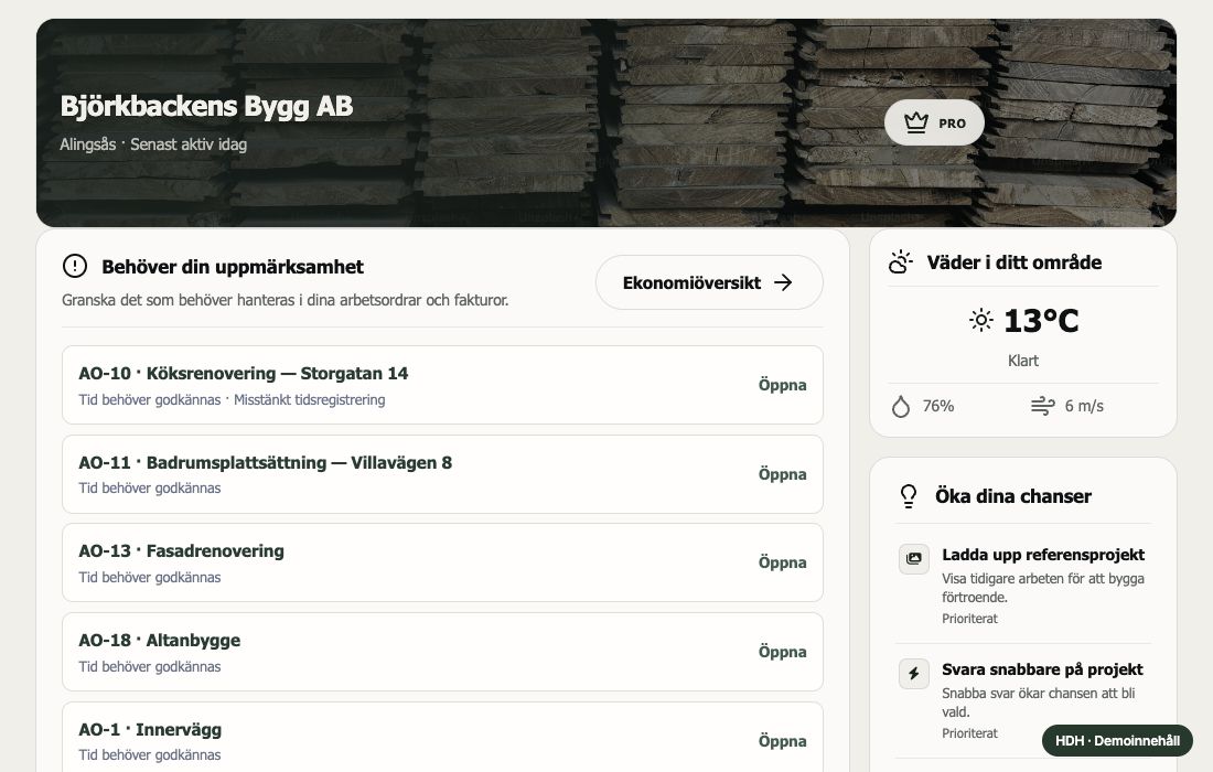 Företagsdashboard i HDH – exempelvy