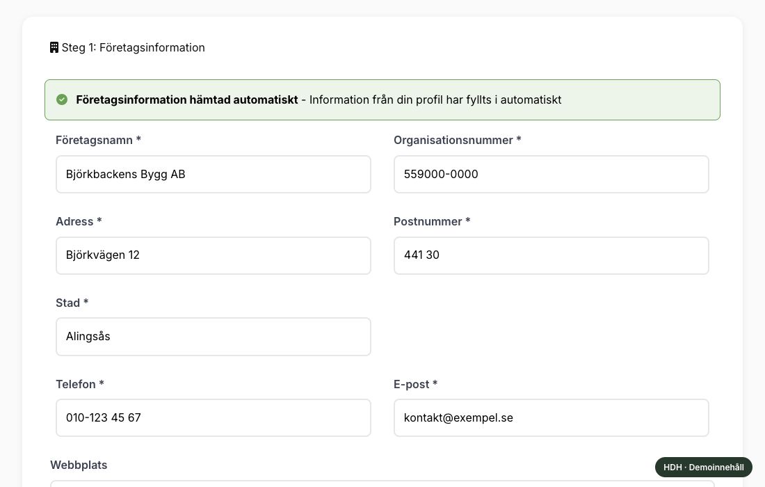 Offertgenerator med ifyllda företagsuppgifter – exempelvy