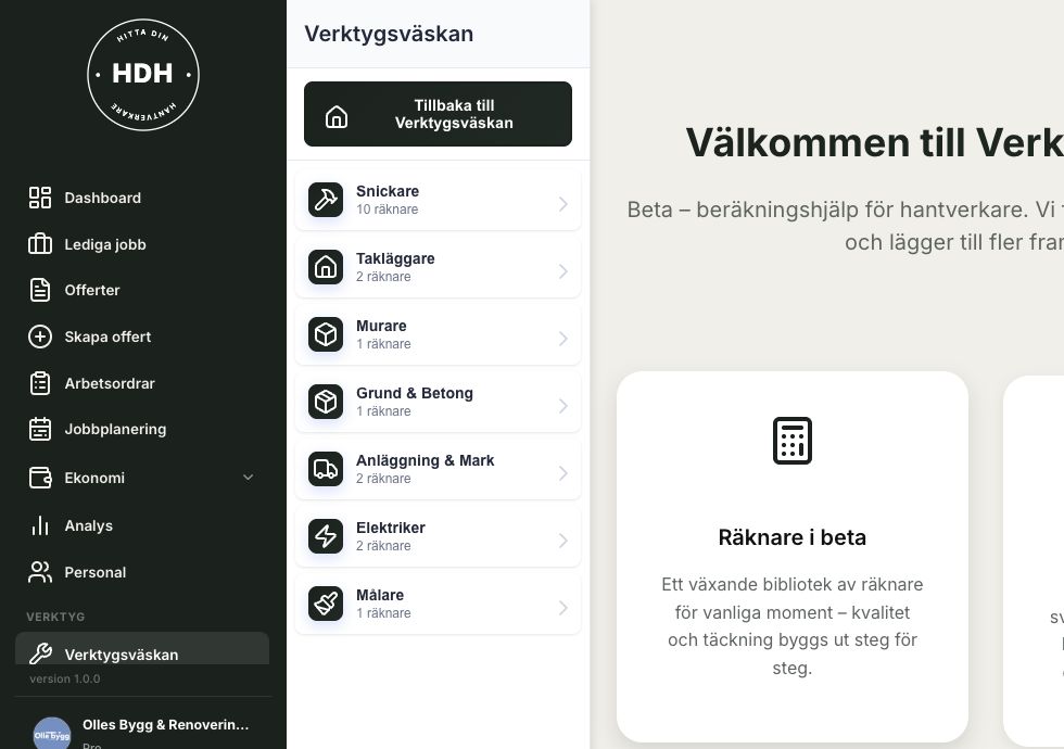 Verktygsväskan i företagsportalen – exempelvy