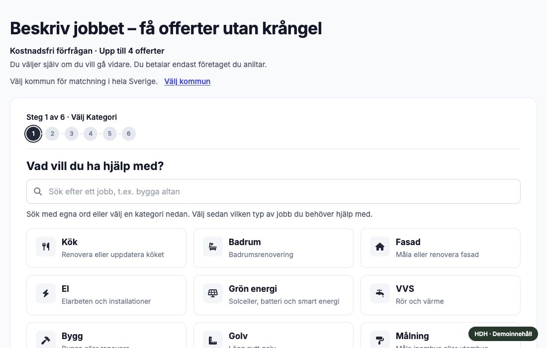Kund väljer projektkategori – exempelvy