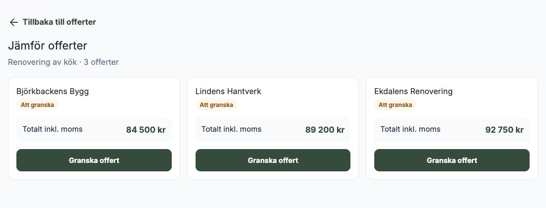Kund jämför offerter sida vid sida – exempelvy