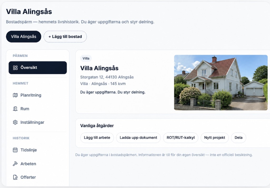 Översikt i Min bostad – Villa Alingsås med bostadsbild, dokument och historik