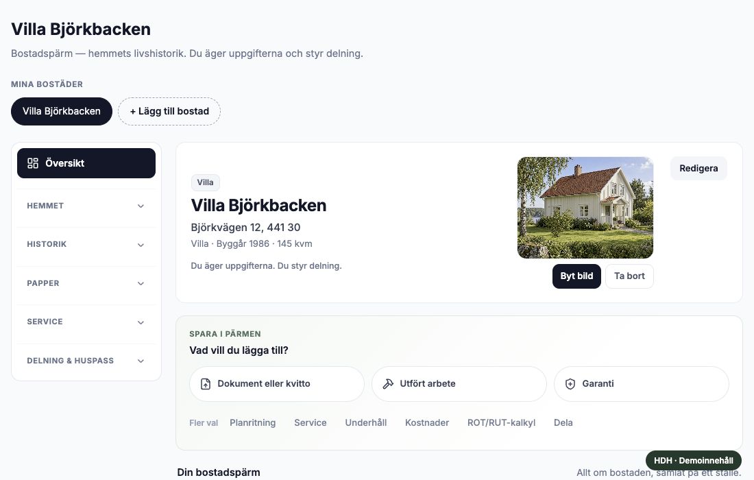 Översikt i Min bostad – Villa Alingsås med bostadsbild, dokument och historik – exempelvy